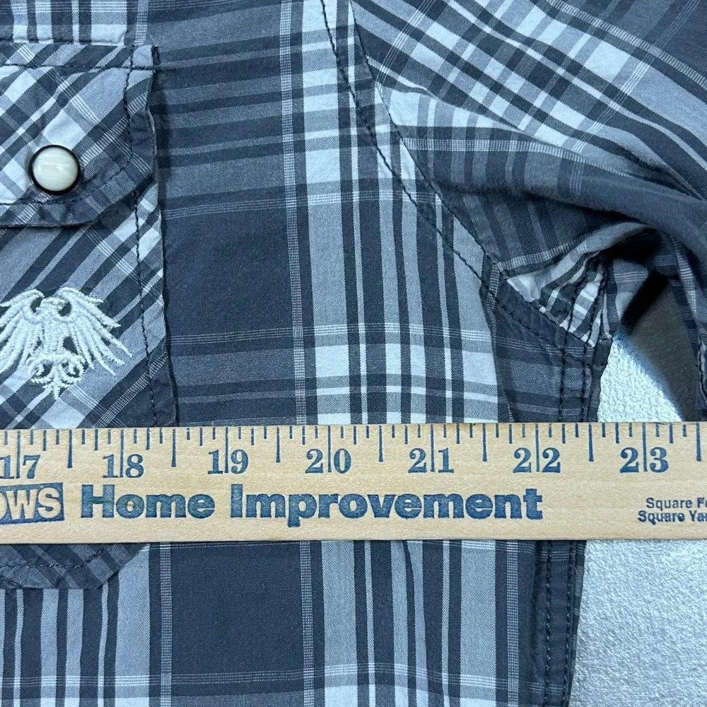 Soviet Men's XL‎ Plaid Button Up Shirt Long Sleeve Gray Western Pockets Pearl
